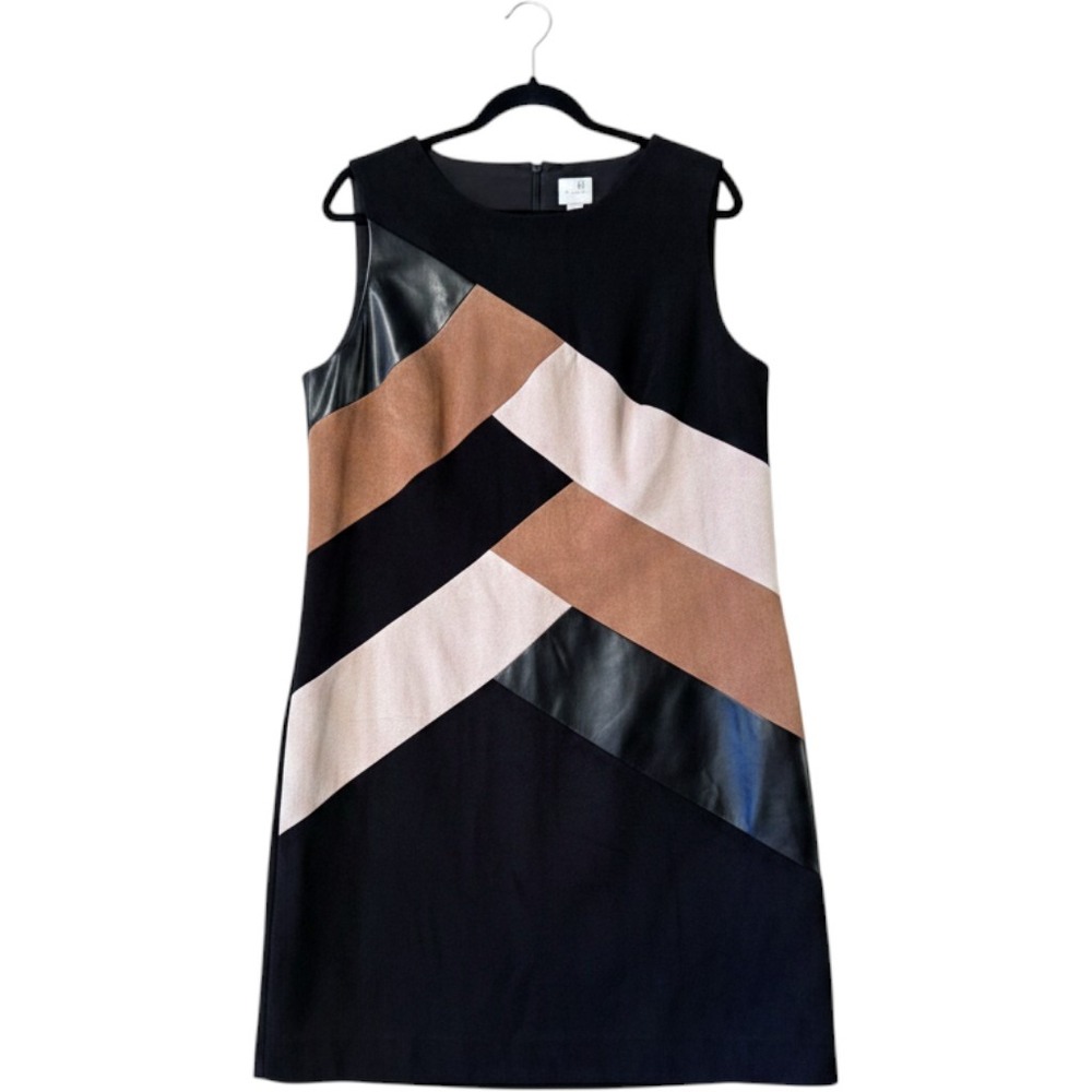 Chicos Sleeveless Dress Faux Suede Leather Chevron Geometric‎ Black Tan Neutral
